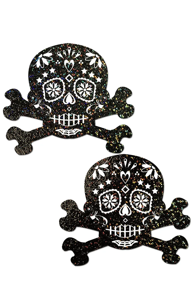 Black Glitter Candy Skull & Crossbones Pasties