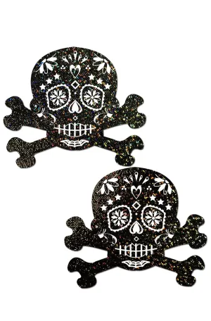 Black Glitter Candy Skull & Crossbones Pasties