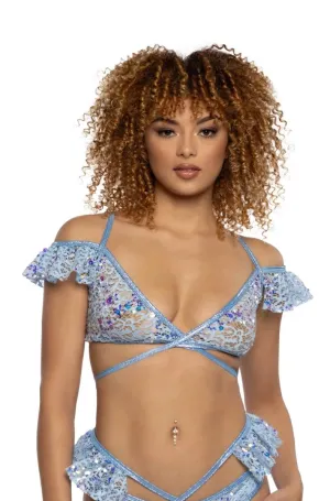 Blue Sequin Ruffle Top