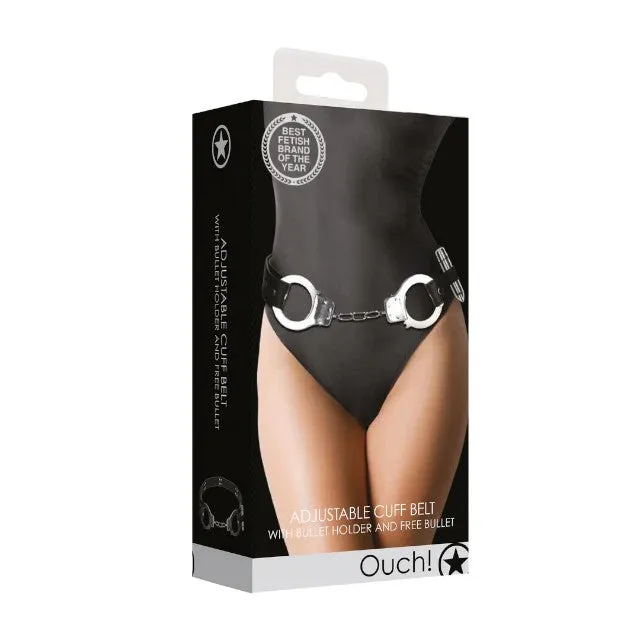 Curea sexy OUCH! Cuff Belt. pentru jocuri erotice BDSM. cu cătușe și inele de prindere. mărime ajustabilă. negru cu argintiu