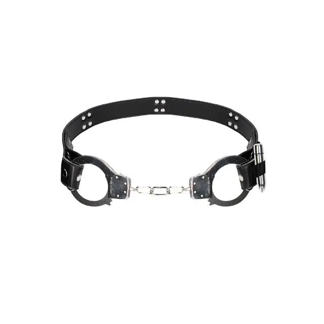 Curea sexy OUCH! Cuff Belt. pentru jocuri erotice BDSM. cu cătușe și inele de prindere. mărime ajustabilă. negru cu argintiu
