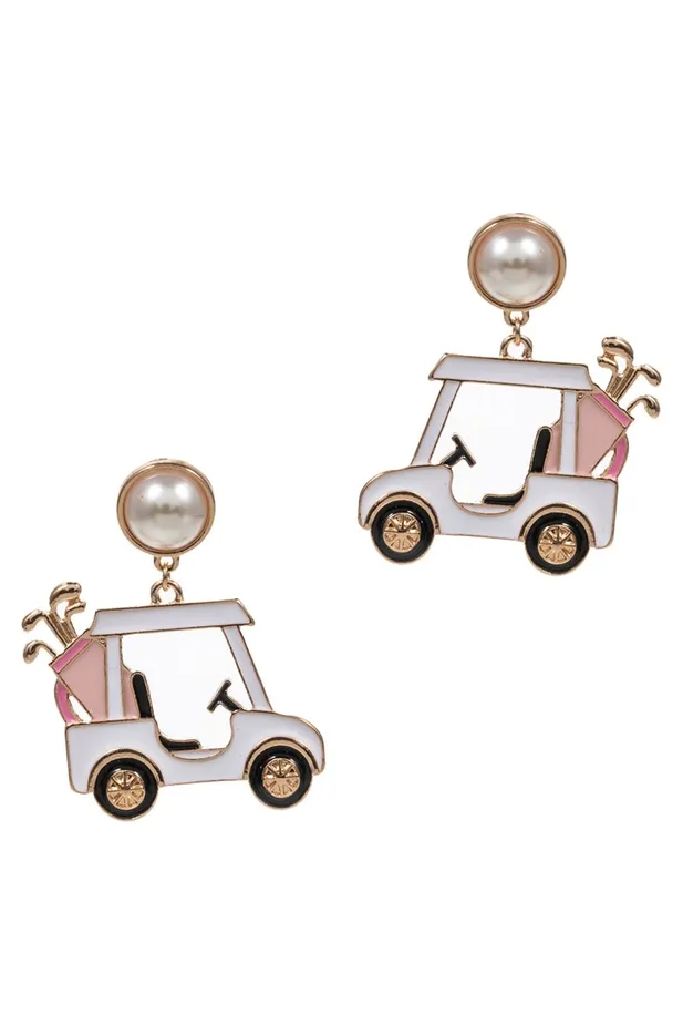 Golf Cart Shaped Pearl Post Earrings - White
