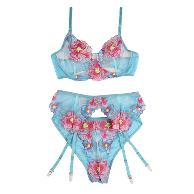 Lenjerie sexy 3 piese SUBBLIME. Sutien   Chilot   Portjartier. model cu plasă și design floral. culoare albastru cu roz. mărime L/XL. model 954116