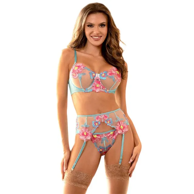 Lenjerie sexy 3 piese SUBBLIME. Sutien   Chilot   Portjartier. model cu plasă și design floral. culoare albastru cu roz. mărime L/XL. model 954116