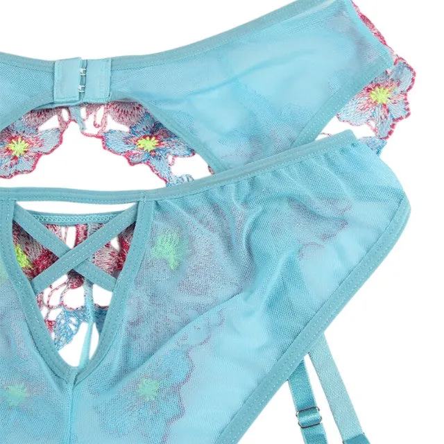 Lenjerie sexy 3 piese SUBBLIME. Sutien   Chilot   Portjartier. model cu plasă și design floral. culoare albastru cu roz. mărime L/XL. model 954116
