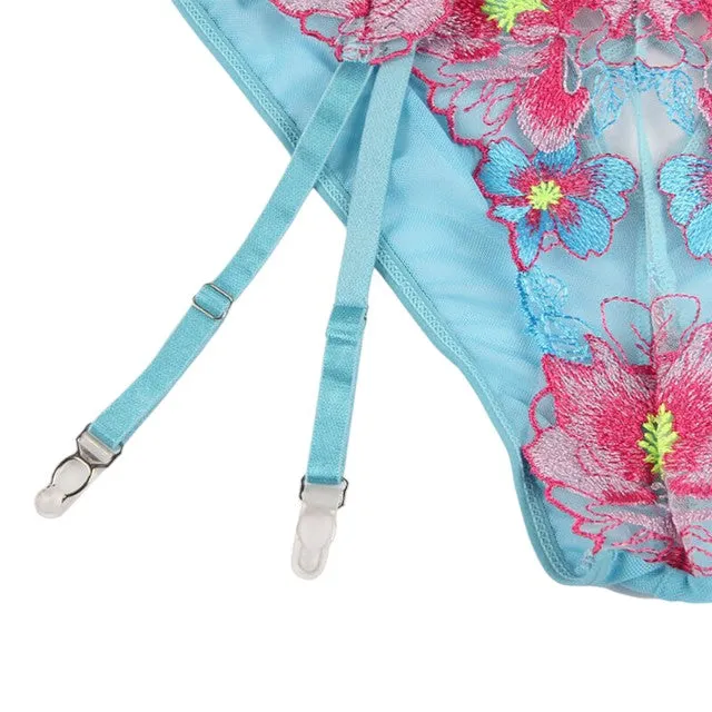 Lenjerie sexy 3 piese SUBBLIME. Sutien   Chilot   Portjartier. model cu plasă și design floral. culoare albastru cu roz. mărime S/M. model 954109