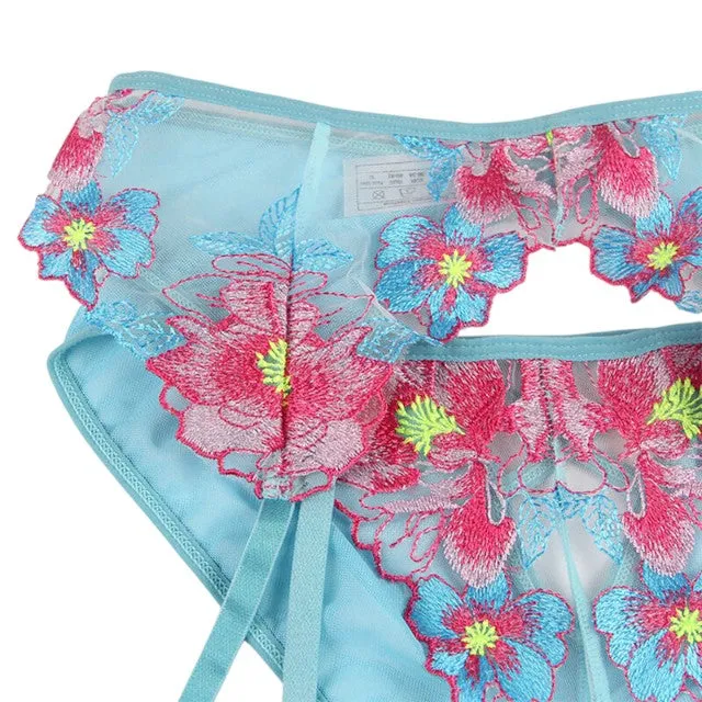 Lenjerie sexy 3 piese SUBBLIME. Sutien   Chilot   Portjartier. model cu plasă și design floral. culoare albastru cu roz. mărime S/M. model 954109
