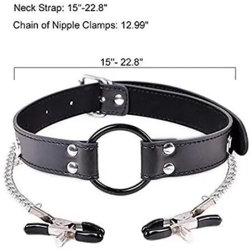 Mouth gag with rubber O-Ring and chain nipple clamps