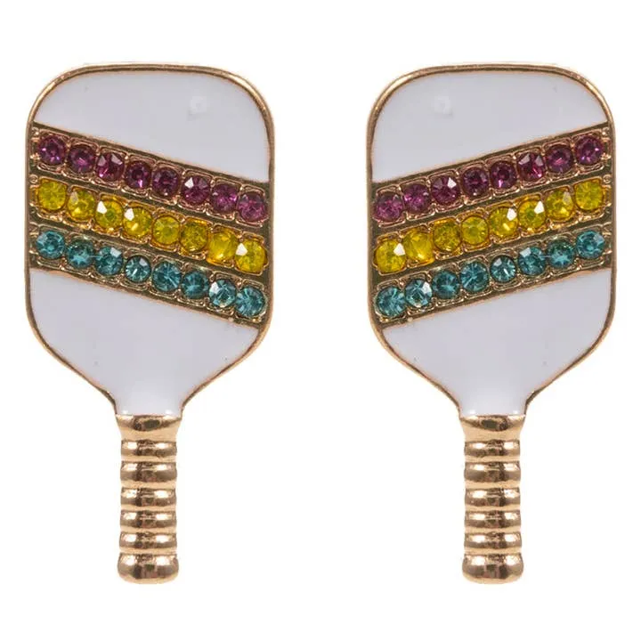 Pickleball Enamel Rhinestone Post Earrings - White