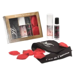 Set cadou erotic EXTASE SENSUEL L'art de l'amour. cu gel intim. lubrifiant aromat. legătură pentru ochi și petale de trandafir