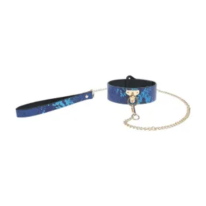 Set OUCH! Collar with Leash - Florence Collection. pentru jocuri erotice BDSM. design de piele de șarpe. cu lanț auriu. culoare albastru