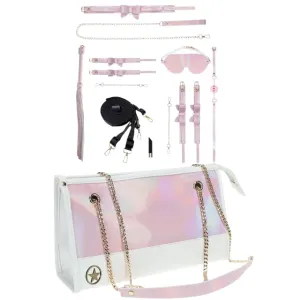 Set OUCH! Kit with Bag - Paris Collection. 9 produse pentru jocuri BDSM. cu cătușe. mască. lesă. căluș. bici și geantă. roz cu alb