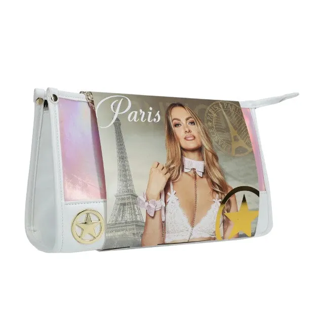 Set OUCH! Kit with Bag - Paris Collection. 9 produse pentru jocuri BDSM. cu cătușe. mască. lesă. căluș. bici și geantă. roz cu alb