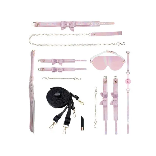 Set OUCH! Kit with Bag - Paris Collection. 9 produse pentru jocuri BDSM. cu cătușe. mască. lesă. căluș. bici și geantă. roz cu alb